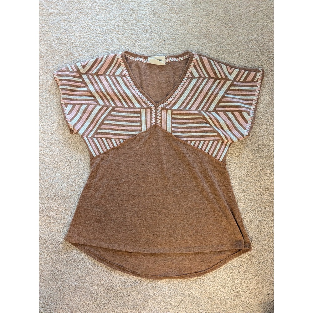 Savanna Jane Boho Embroidered V-Neck High-Low Top Brown Large